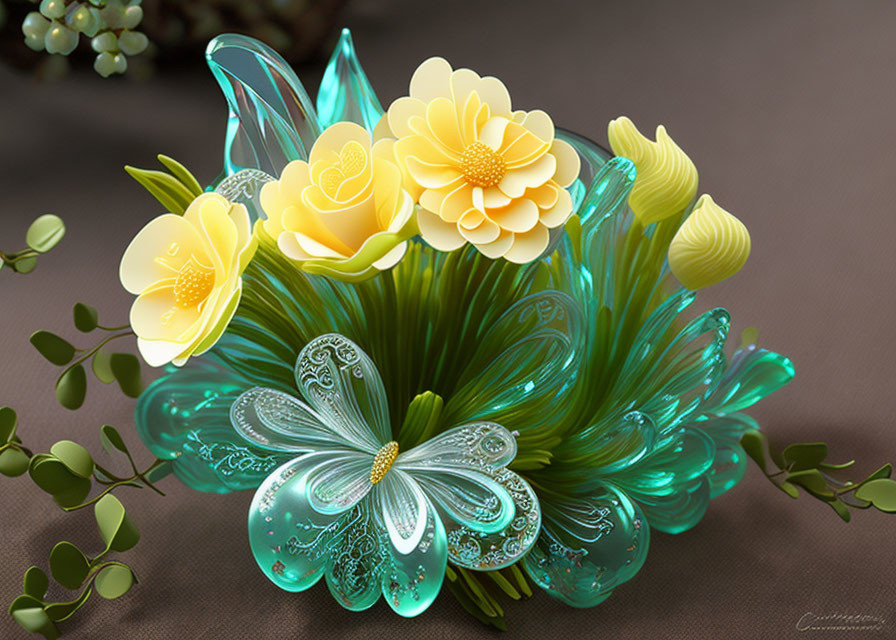 Colorful digital artwork: Vibrant floral arrangement with turquoise and yellow petals on brown surface