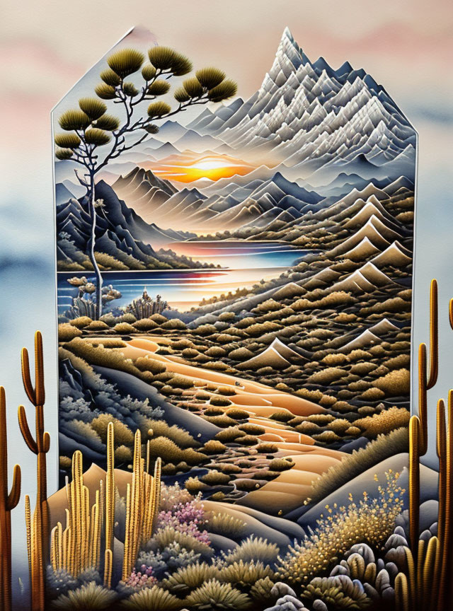 Stylized landscape painting: mountains, sunset over lake, terraced fields, diverse vegetation, c