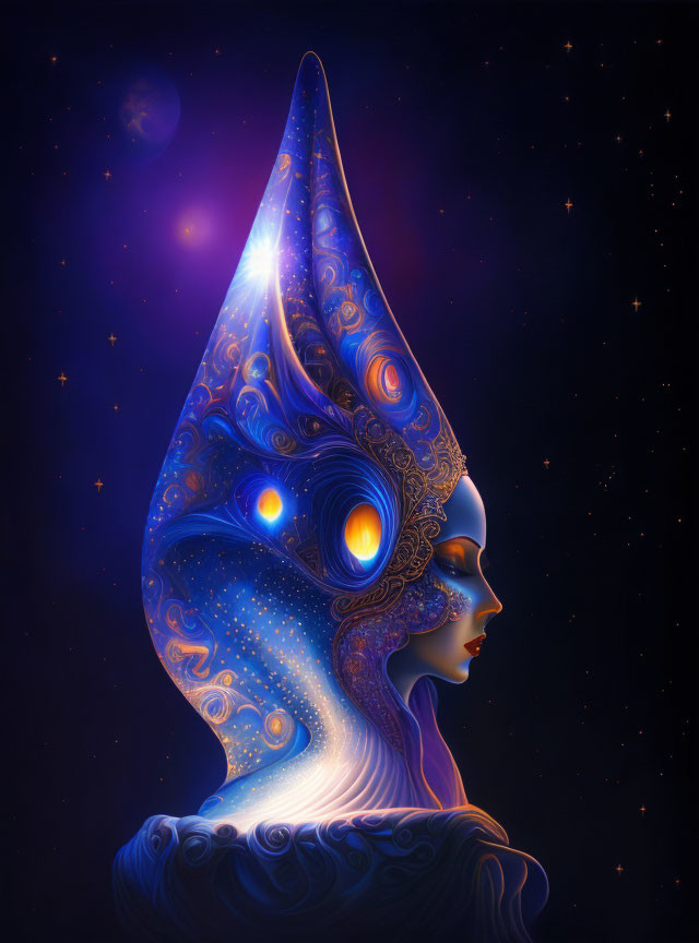 Surreal woman's profile with ornate headdress in cosmic setting