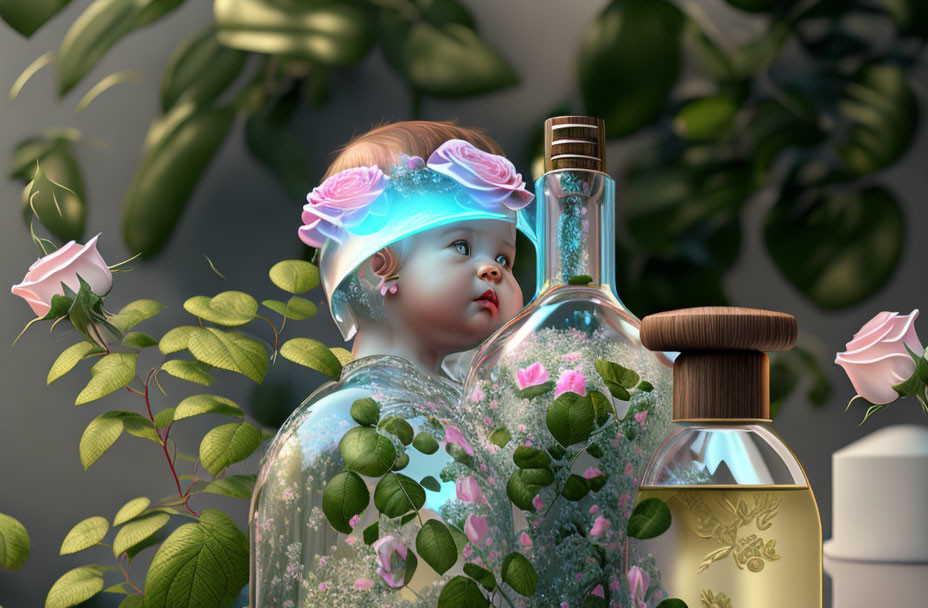 Surreal baby in transparent perfume bottle with flower crown surrounded by green foliage and pink roses