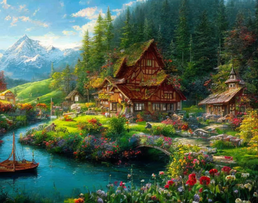 Tranquil village scene with river, mountains, gardens, and boat