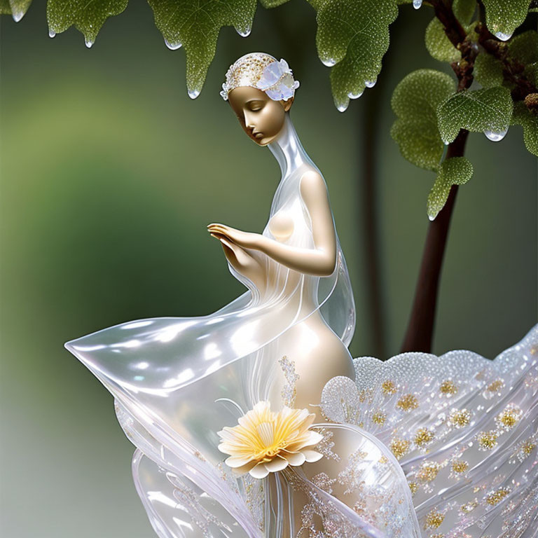 Translucent fairy figurine with floral crown and embellished dress under glistening leaves and lotus flower