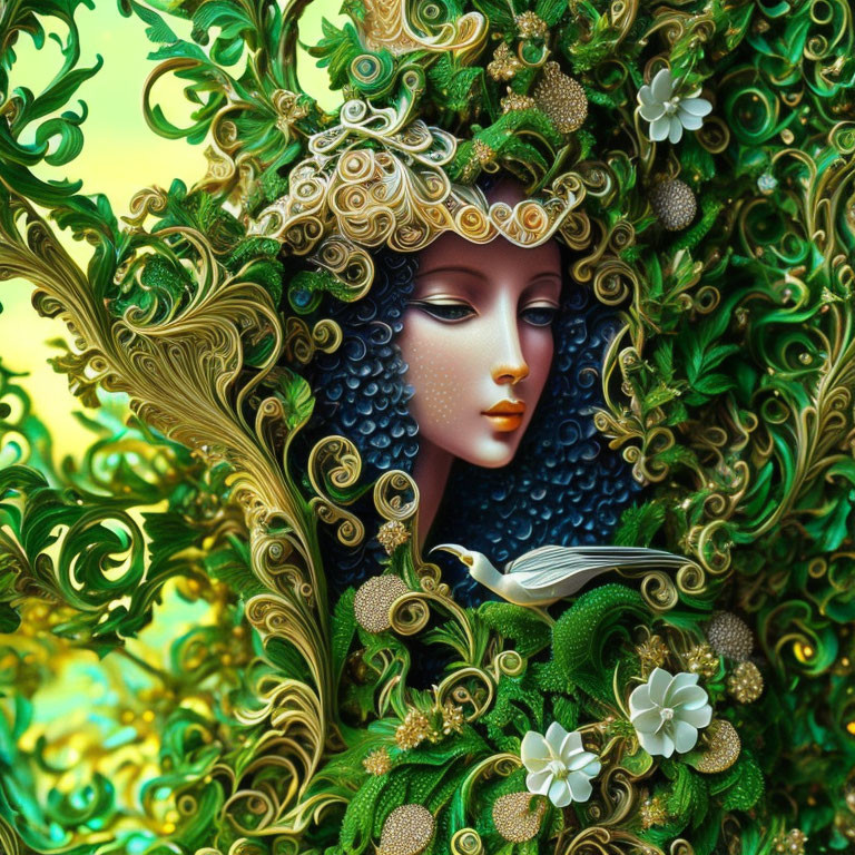 Stylized image of woman's face with green and gold foliage, bird, and flowers