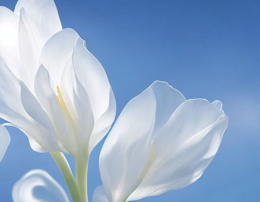 Delicate white tulip petals under clear blue sky