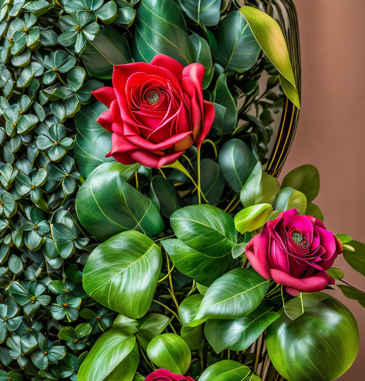 Vibrant red roses and lush green leaves in textured floral display