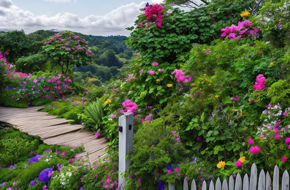 Scenic wooden boardwalk in lush garden with flowers and picket fence