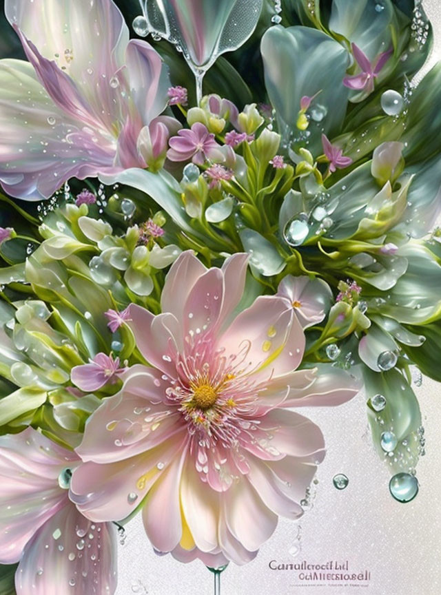 Vibrant pink and green flowers with dewdrops in a dreamy setting