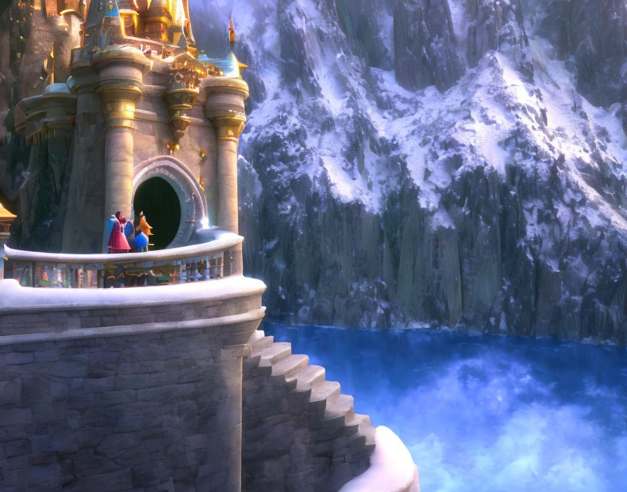 Golden castle on snowy cliff with character on balcony overlooking misty blue landscape