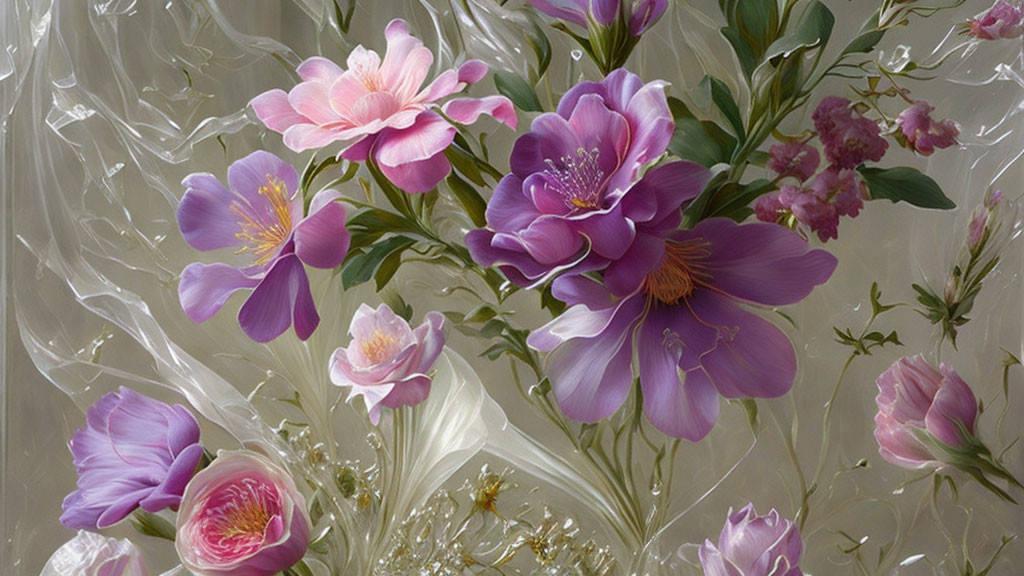 Vibrant pink and purple flowers in digital painting: ethereal underwater bouquet