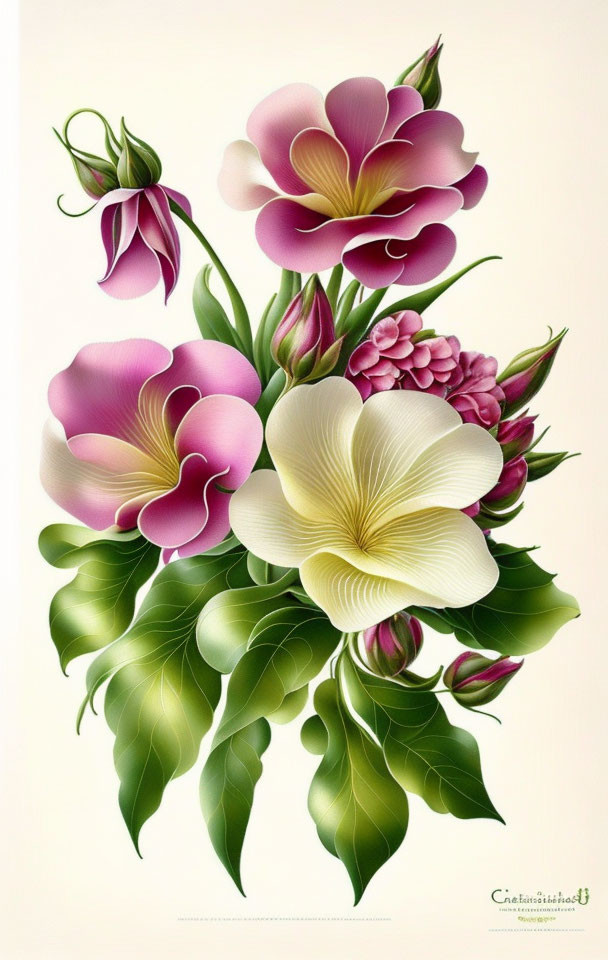 Colorful stylized illustration of vibrant flowers with pink and cream petals on a pale backdrop