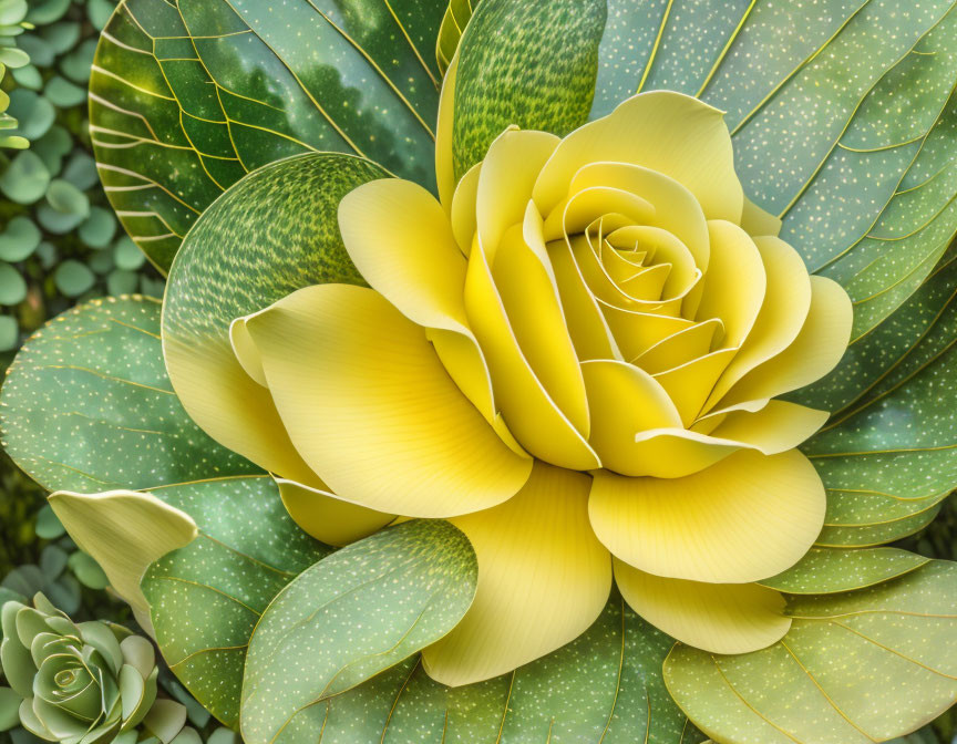 Detailed Paper Art Sculpture of Yellow Rose with Green Dotted Leaves