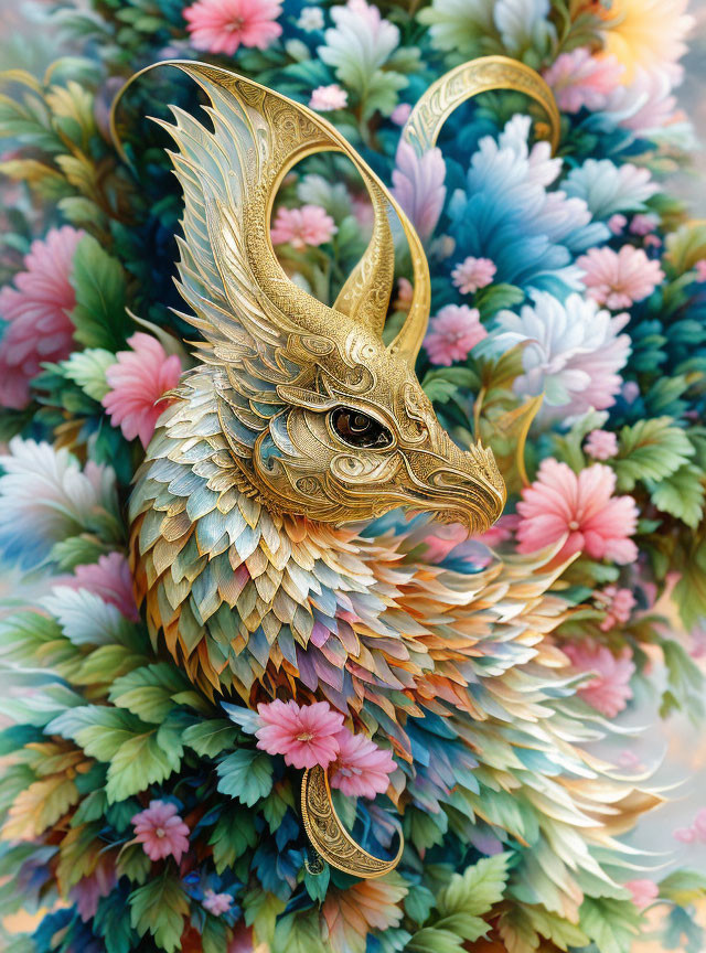 Mythical creature with golden eagle-like head and colorful feathers in floral setting