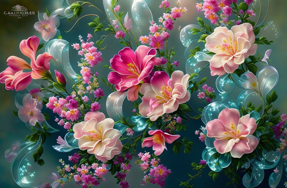 Colorful digital artwork: Pink and white flowers with blue bubbles and green foliage on dark background