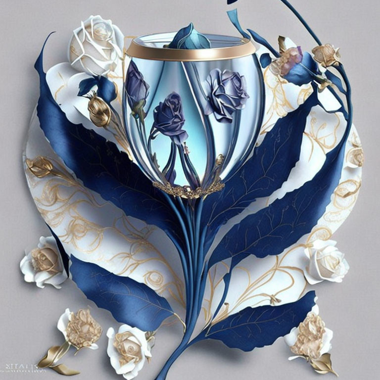 Golden-accented chalice with blue and white roses on grey background