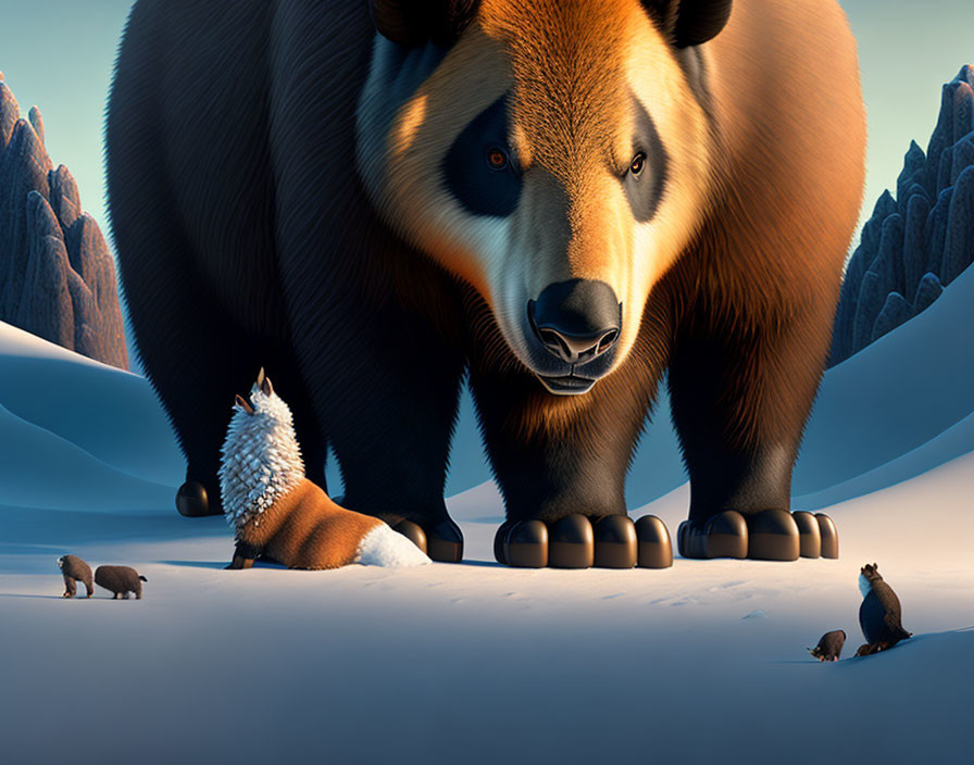 Animated bear dominates snowy scene with small animals.