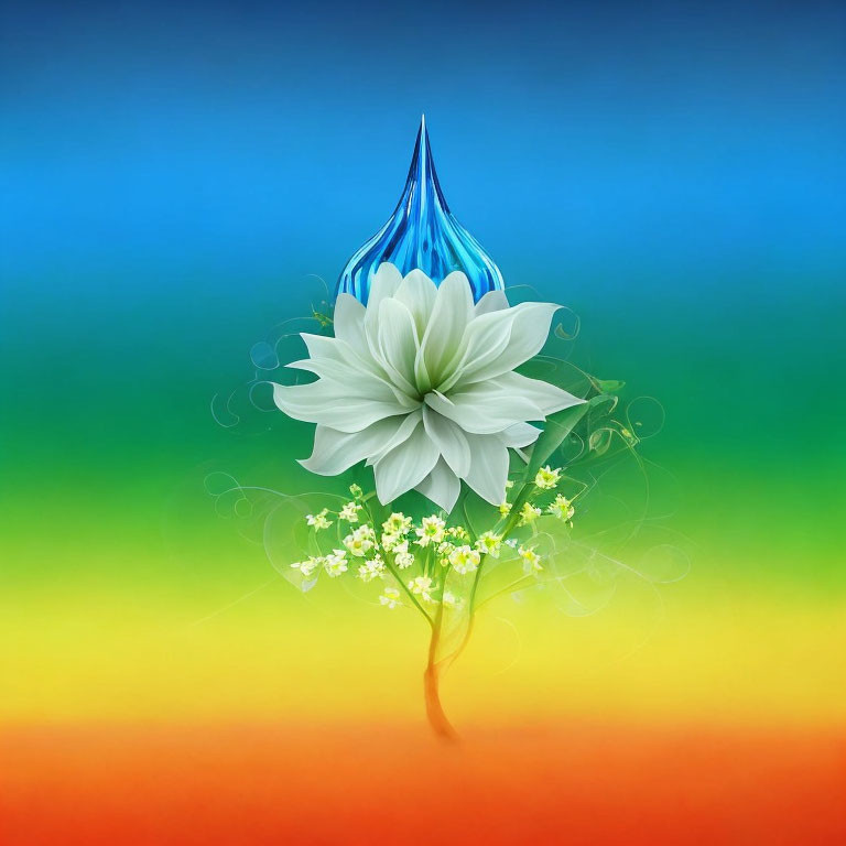 Stylized white flower with blue waterdrop on vibrant gradient background