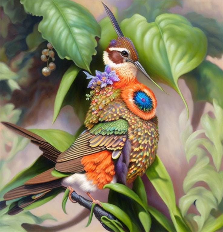 Vibrant hummingbird illustration with intricate feather patterns among green leaves.