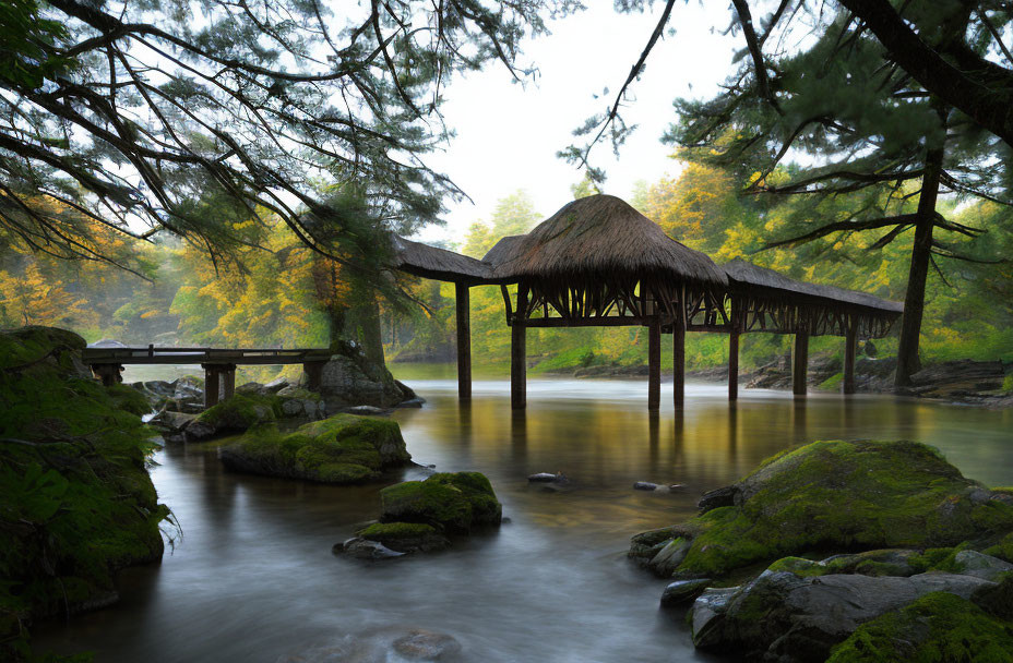 Tranquil Thatched-Roof Pavilion Over Calm Waters