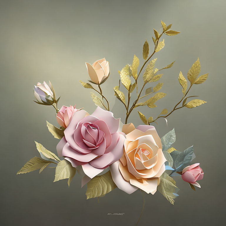 Stylized pastel roses with golden leaves on muted background