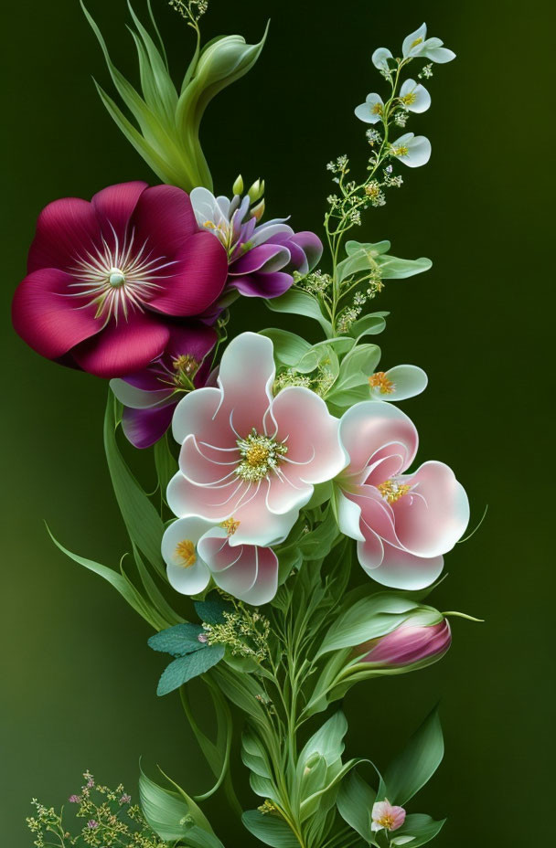 Digital illustration of bouquet with dark red flower, pink blooms, greenery, and white flowers on soft