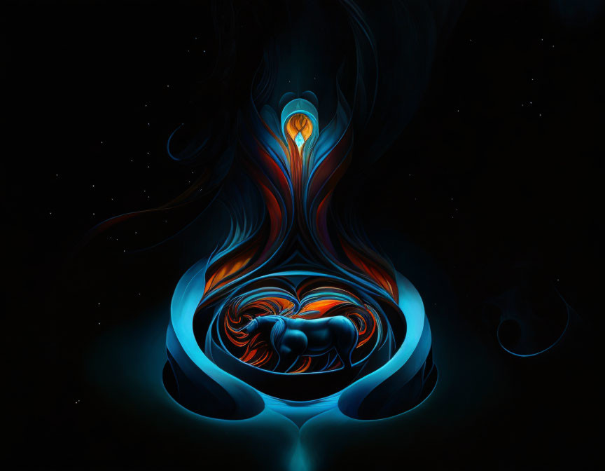 Stylized flame-like figure with glowing center on dark backdrop