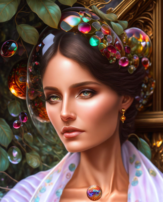 Gemstone-adorned woman with green eyes in digital portrait