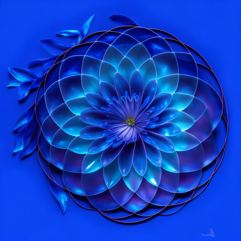 Blue luminescent flower digital art on deep blue background