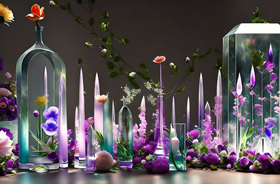 Glass vessels with vibrant purple flowers and green foliage in soft lighting