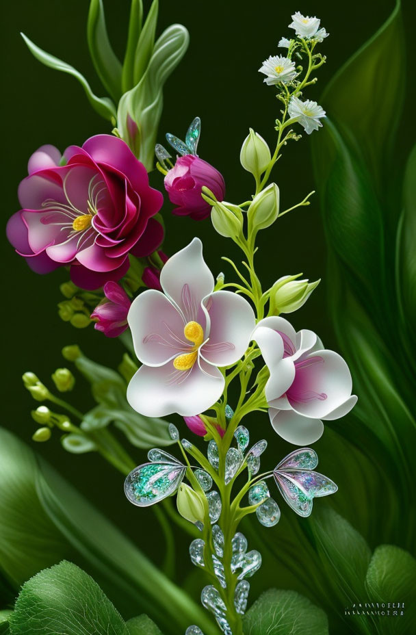 Colorful digital artwork: jewel-encrusted flowers on dark green backdrop