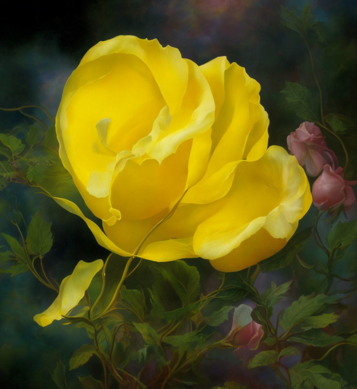 Vibrant Yellow Rose in Full Bloom Among Green Leaves and Pink Buds