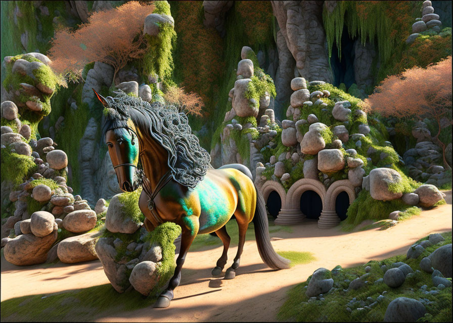 Vibrant blue and yellow animated horse in rocky terrain with archways and trees