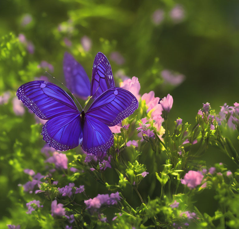 Blue Butterfly on Purple Flowers in Green Setting