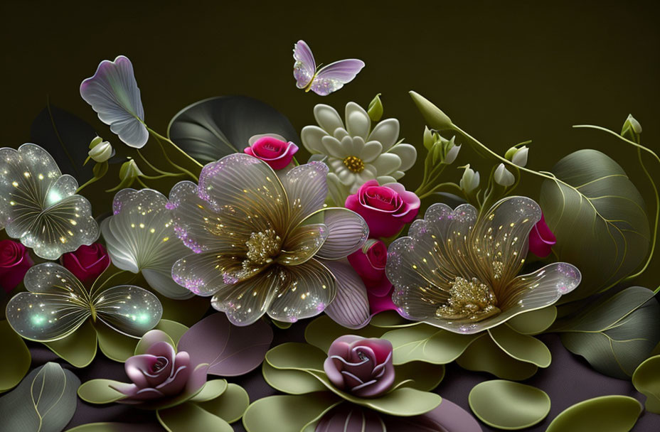 Luminescent flowers and glowing butterflies in fantasy botanical digital art