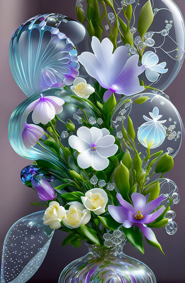 Translucent bubbles over purple and white flowers in clear vase
