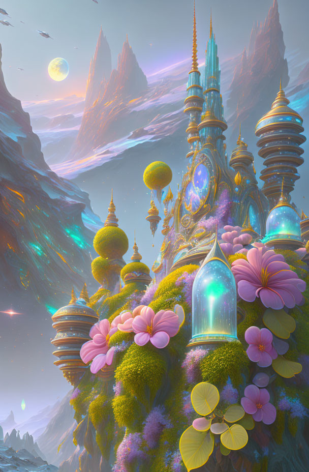 Mystical city in fantasy landscape with vibrant flora and floating structures