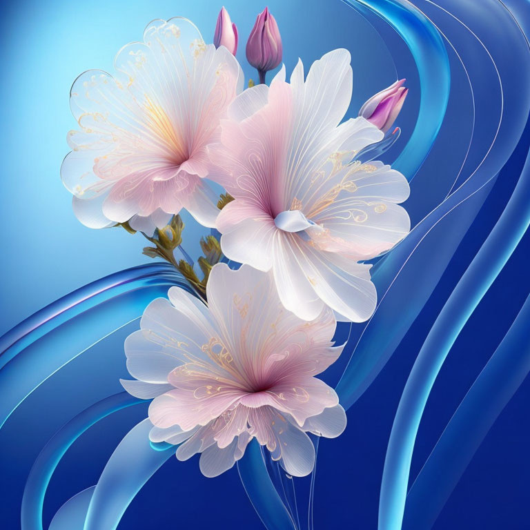 Stylized pale pink flowers on swirling blue abstract background