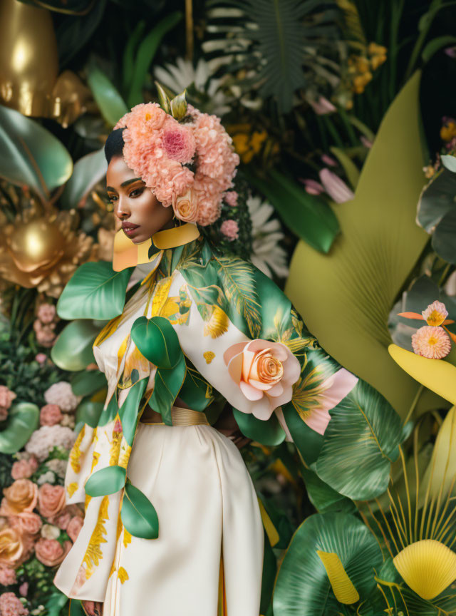 Floral Print Outfit Woman in Greenery Setting