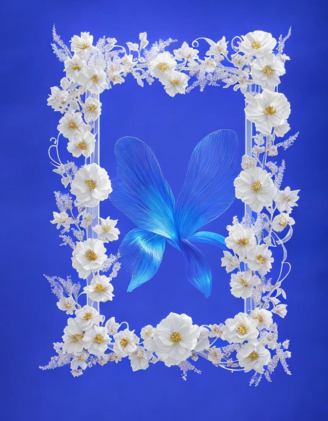 Square White Flower Frame with Blue Butterfly on Vivid Blue Background