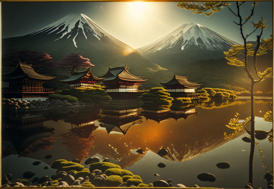 Japanese Buildings Reflecting in Still Lake with Mount Fuji at Sunset