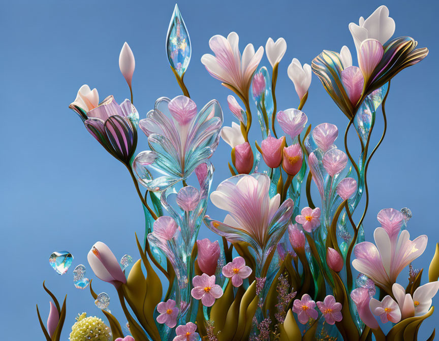 Colorful Glass-like Flower Bouquet Against Blue Sky