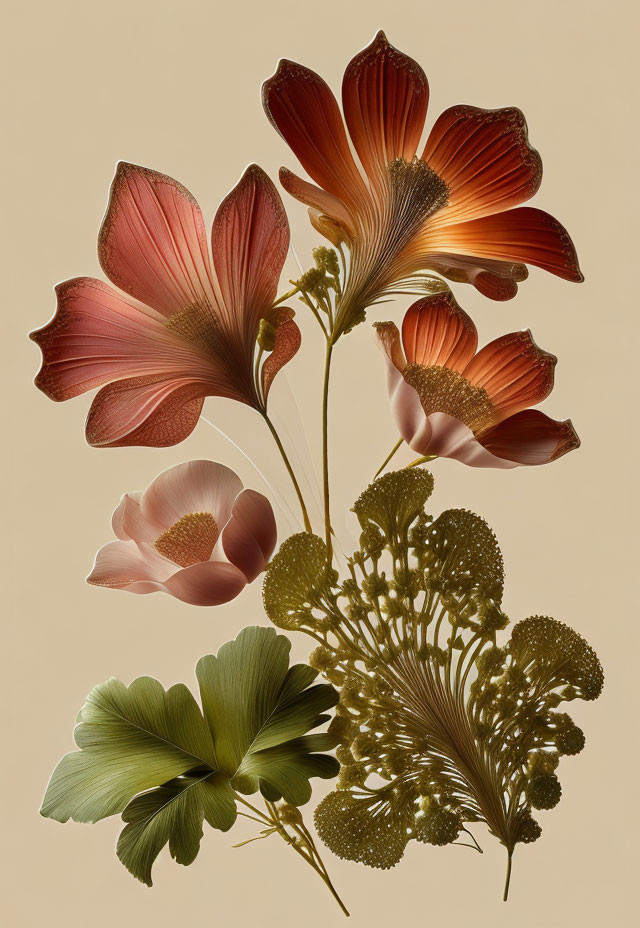 Assorted Flowers and Plants in Warm Tones on Light Background