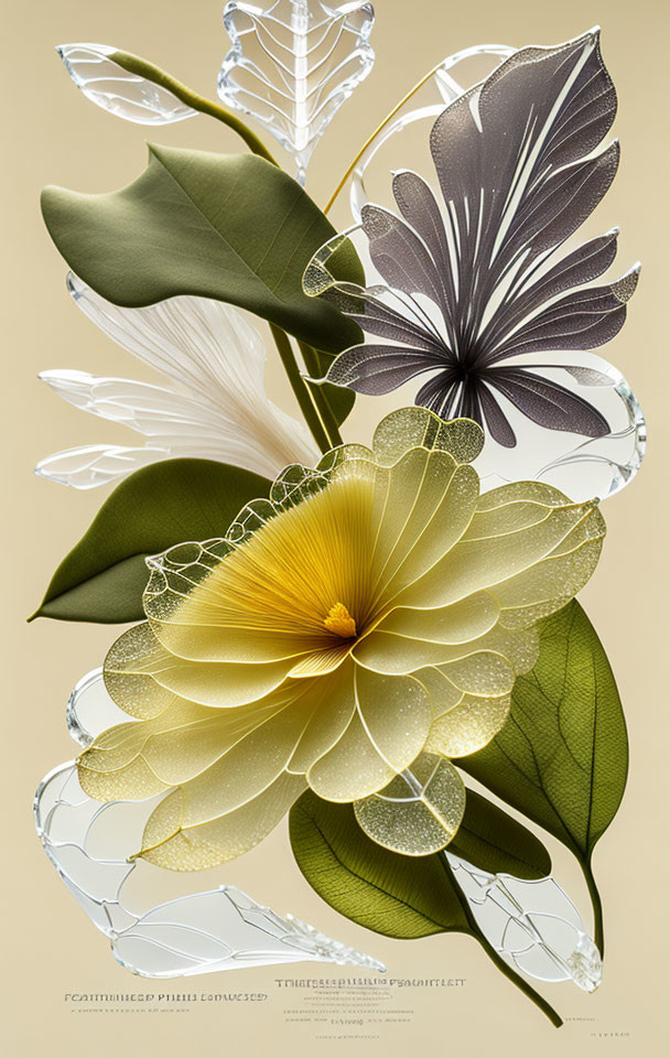 Stylized digital artwork featuring intricate translucent flower on cream background