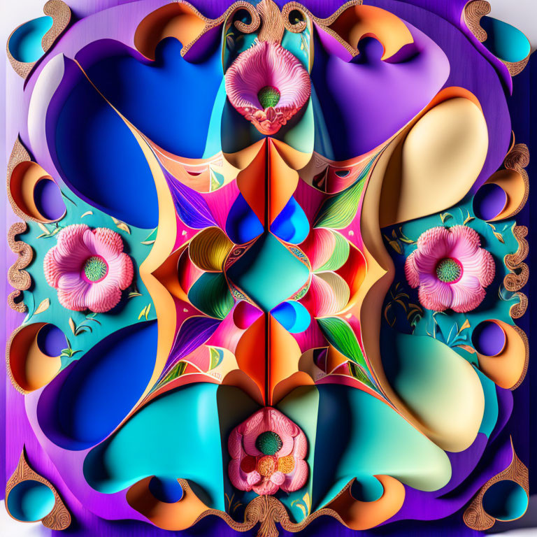 Symmetrical floral and geometric digital fractal art