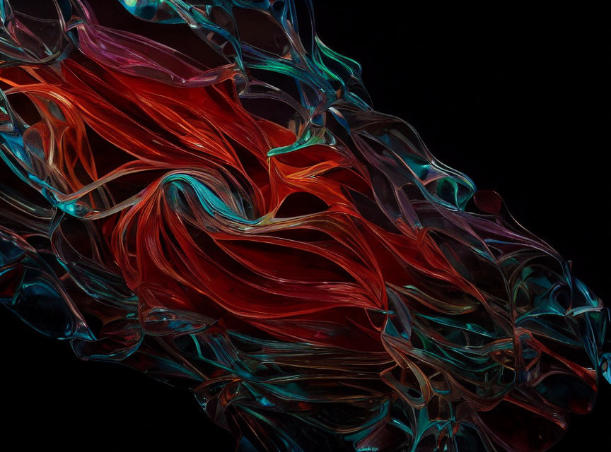 Abstract Red and Teal Glass-Like Art on Black Background