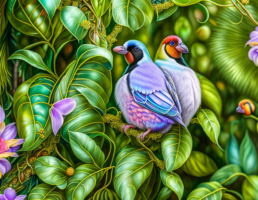 Colorful birds in greenery with purple flowers.