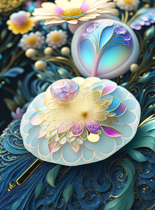 Colorful 3D digital artwork with floral and peacock feather motifs
