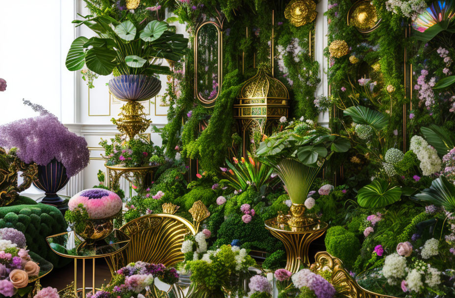 Luxurious indoor garden with green plants and colorful flowers among golden decor