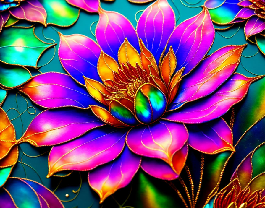 Colorful Flower Digital Art: Pink and Purple Petals with Golden Edges on Blue Background