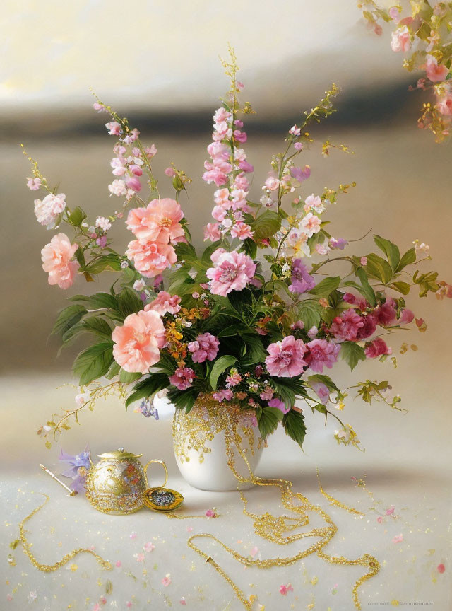 Pink and White Flower Arrangement with Jewelry on Table