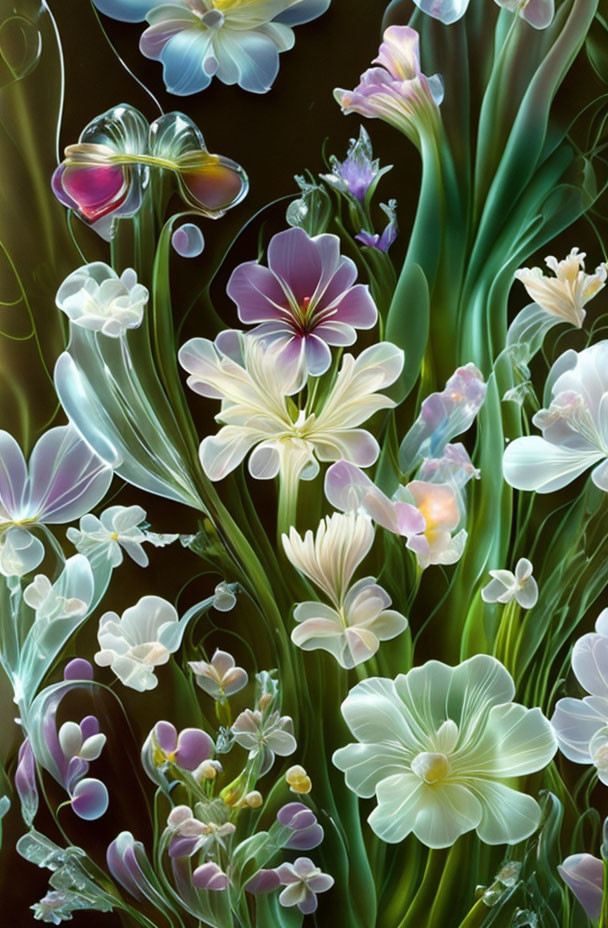 Luminous Digital Artwork: Translucent Flowers & Plants in Purple, Blue, Green